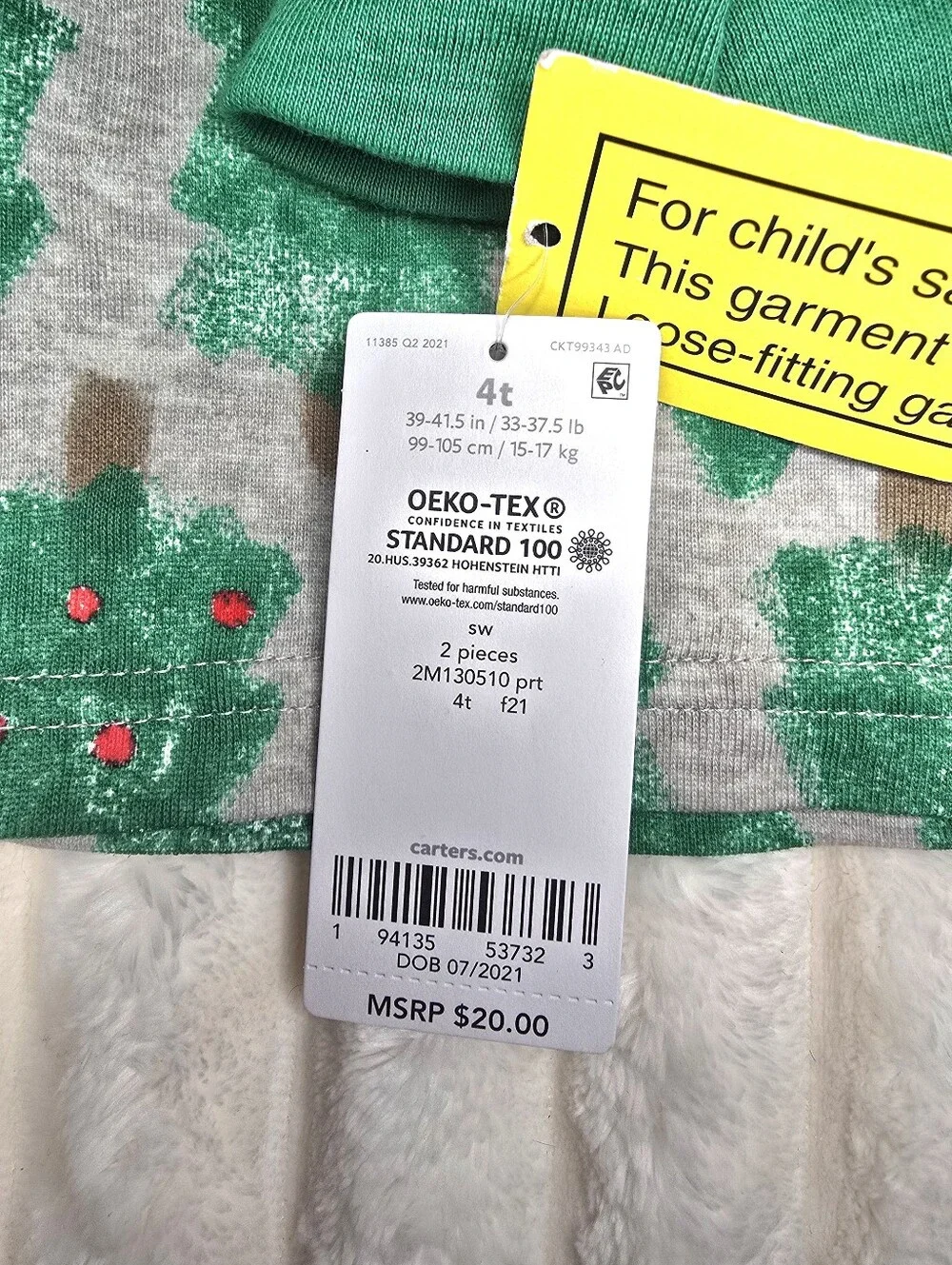 Carter's Green Festive Tree Print Kids Pajama Set with Red Dot Accents 4T NWT